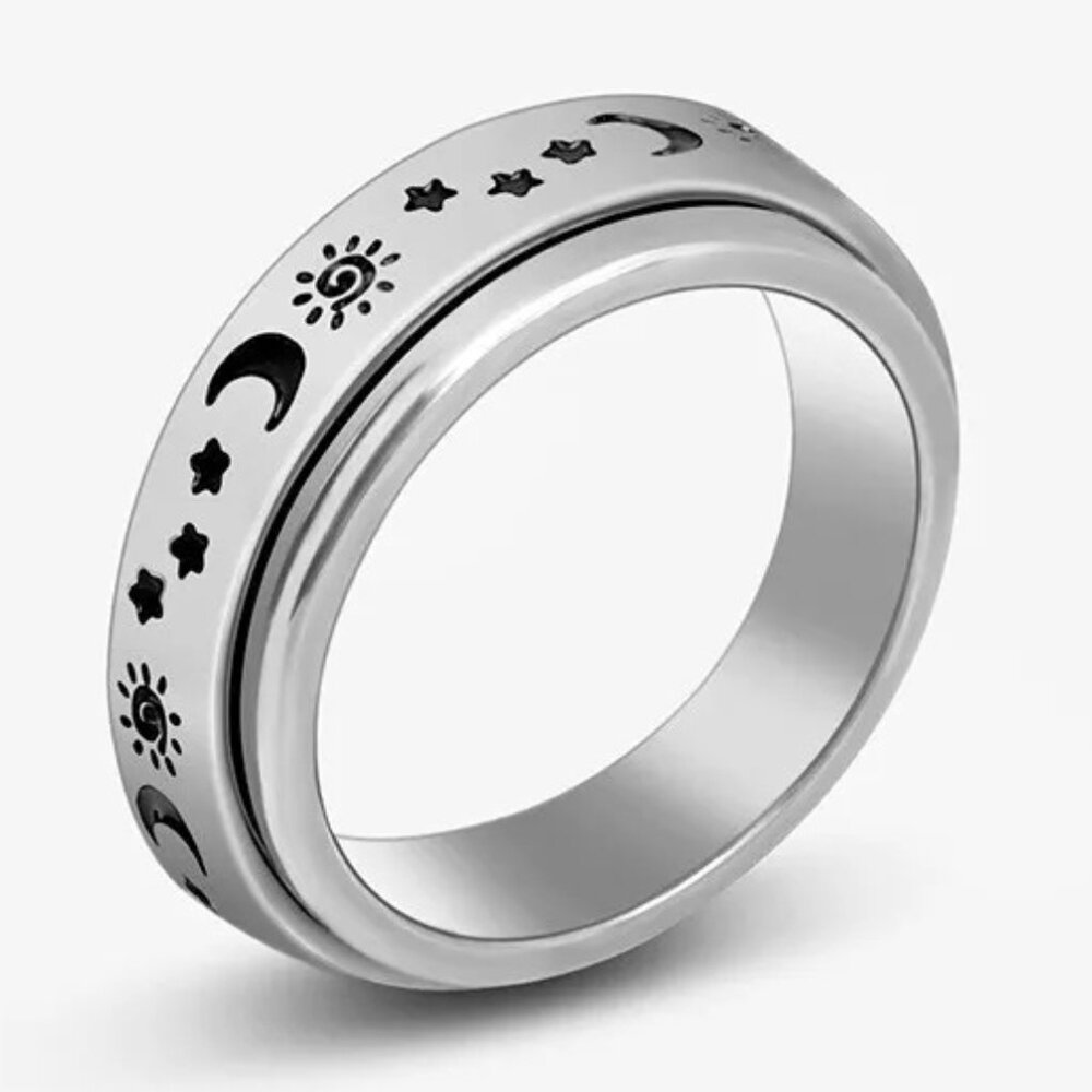 Stainless Steel Spinner Fidget Ring For Anxiety NEW Size 10 Moon & Stars Design